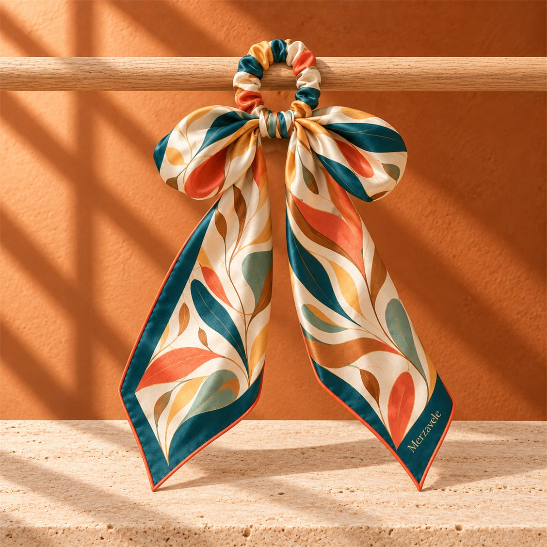 Merzavele Botanical Bow Hair Scarf Scrunchie - styled view